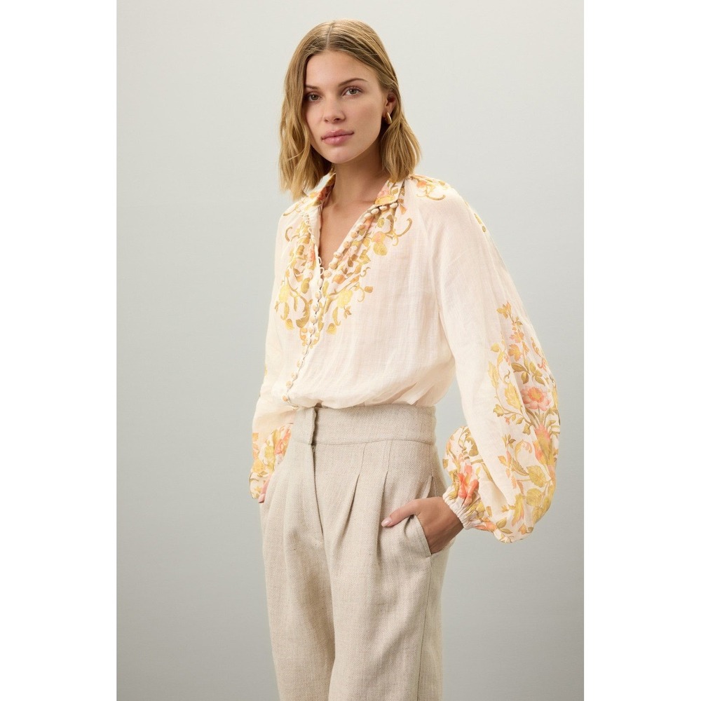 Kate Ford Noaea Blouse Cream Floral Linen Silk Balloon Sleeve Top